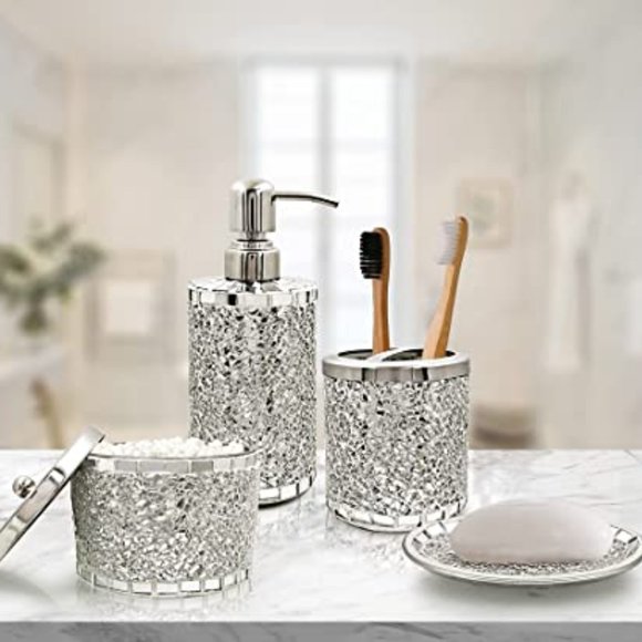 Accents | 4pcs Silver Mosaic Glass Glam Decorative Bathroom Accessories ...